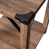 English Elm Modern Farmhouse Wooden 2 Tier End Table with Black Metal Corner Accents and Cross Bracing,