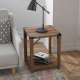 English Elm Modern Farmhouse Wooden 2 Tier End Table with Black Metal Corner Accents and Cross Bracing,