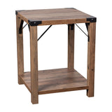 English Elm Modern Farmhouse Wooden 2 Tier End Table with Black Metal Corner Accents and Cross Bracing,