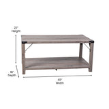 English Elm Modern Farmhouse Wooden 2 Tier Coffee Table with Black Metal Corner Accents and Cross Bracing,