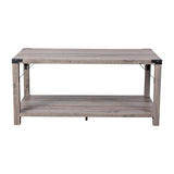 English Elm Modern Farmhouse Wooden 2 Tier Coffee Table with Black Metal Corner Accents and Cross Bracing,