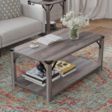 English Elm Modern Farmhouse Wooden 2 Tier Coffee Table with Black Metal Corner Accents and Cross Bracing,