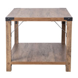 English Elm Modern Farmhouse Wooden 2 Tier Coffee Table with Black Metal Corner Accents and Cross Bracing,