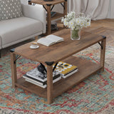 English Elm Modern Farmhouse Wooden 2 Tier Coffee Table with Black Metal Corner Accents and Cross Bracing,