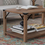 English Elm Modern Farmhouse Wooden 2 Tier Coffee Table with Black Metal Corner Accents and Cross Bracing,