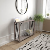 English Elm Modern Farmhouse Wooden 2 Tier Console Entry Table with Black Metal Corner Accents and Cross Bracing,