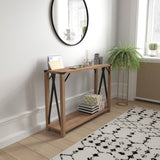 English Elm Modern Farmhouse Wooden 2 Tier Console Entry Table with Black Metal Corner Accents and Cross Bracing,