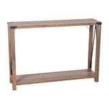 English Elm Modern Farmhouse Wooden 2 Tier Console Entry Table with Black Metal Corner Accents and Cross Bracing,