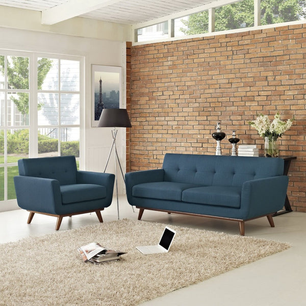 Modway Furniture Engage Armchair and Loveseat Set - Modern Comfort with Tufted Detailing and Cherry Wood Legs Azure EEI-1346-AZU