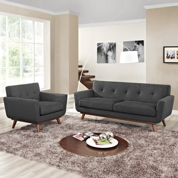 Modway Furniture Engage Armchair and Loveseat Set - Modern Comfort with Tufted Detailing and Cherry Wood Legs Gray EEI-1346-DOR