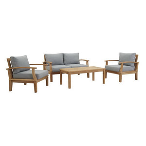 Modway Furniture Marina 4 Piece Teak Outdoor Patio Set with All-Weather Cushions for Stylish Relaxation & Comfort Natural Gray EEI-1469-NAT-GRY-SET