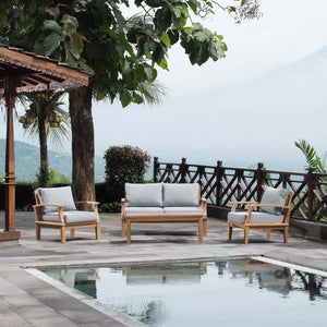 Modway Furniture Marina 4 Piece Teak Outdoor Patio Set with All-Weather Cushions for Stylish Relaxation & Comfort Natural Gray EEI-1469-NAT-GRY-SET