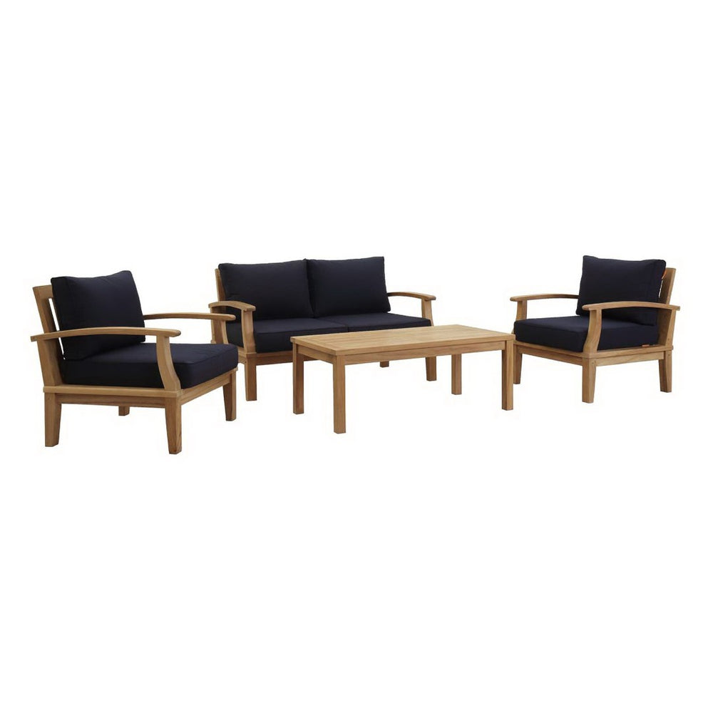 Modway Furniture Marina 4 Piece Teak Outdoor Patio Set with All-Weather Cushions for Stylish Relaxation & Comfort Natural Navy EEI-1469-NAT-NAV-SET