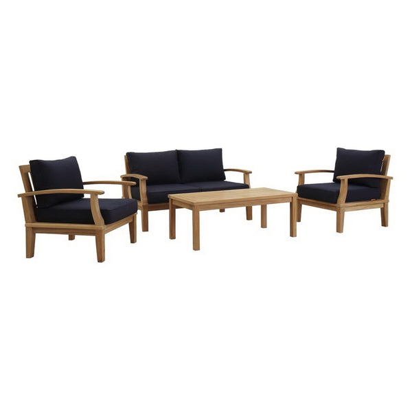 Modway Furniture Marina 4 Piece Teak Outdoor Patio Set with All-Weather Cushions for Stylish Relaxation & Comfort Natural Navy EEI-1469-NAT-NAV-SET
