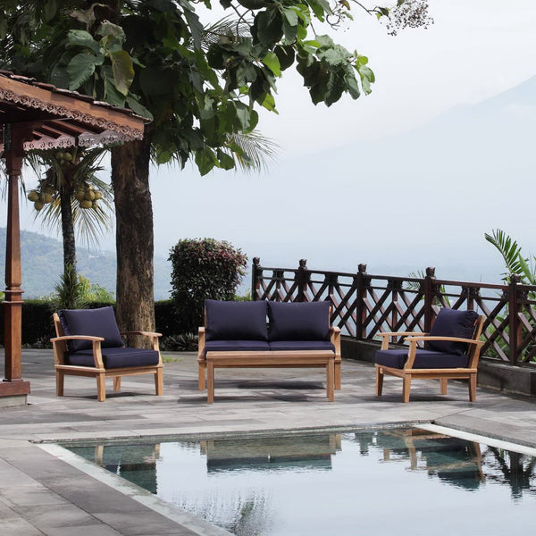 Modway Furniture Marina 4 Piece Teak Outdoor Patio Set with All-Weather Cushions for Stylish Relaxation & Comfort Natural Navy EEI-1469-NAT-NAV-SET