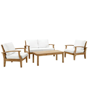 Modway Furniture Marina 4 Piece Teak Outdoor Patio Set with All-Weather Cushions for Stylish Relaxation & Comfort Natural White EEI-1469-NAT-WHI-SET