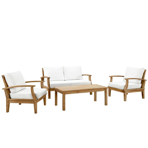Modway Furniture Marina 4 Piece Teak Outdoor Patio Set with All-Weather Cushions for Stylish Relaxation & Comfort Natural White EEI-1469-NAT-WHI-SET