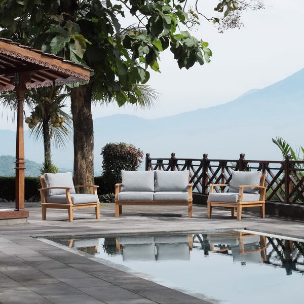 Modway Furniture Marina 3 Piece Teak Outdoor Patio Set – Elegant Comfort with Weather-Resistant Cushions for Relaxation Natural Gray EEI-1470-NAT-GRY-SET