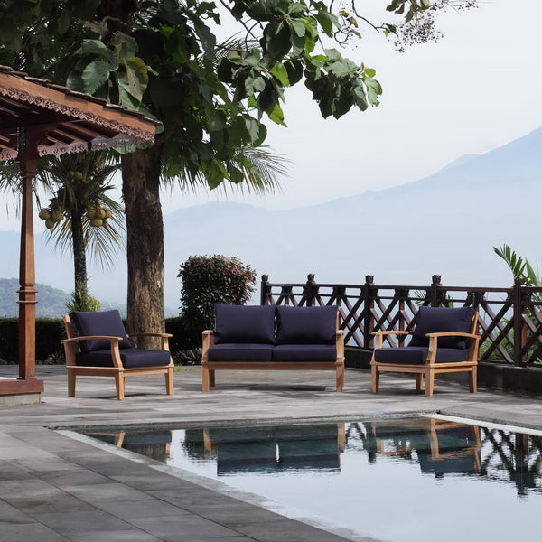 Modway Furniture Marina 3 Piece Teak Outdoor Patio Set – Elegant Comfort with Weather-Resistant Cushions for Relaxation Natural Navy EEI-1470-NAT-NAV-SET