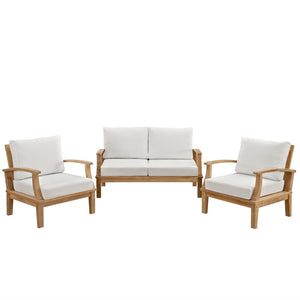 Modway Furniture Marina 3 Piece Teak Outdoor Patio Set – Elegant Comfort with Weather-Resistant Cushions for Relaxation Natural White EEI-1470-NAT-WHI-SET