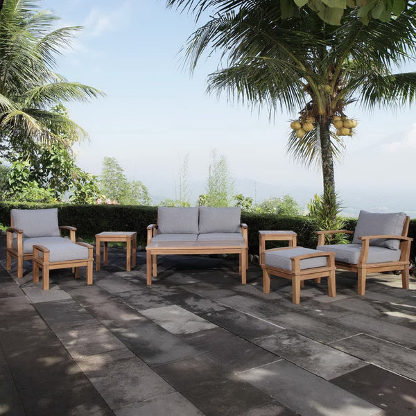 Modway Furniture Marina 8 Piece Outdoor Patio Teak Set - Timeless Elegance with Weather-Resistant Comfort & Style Natural Gray EEI-1471-NAT-GRY-SET