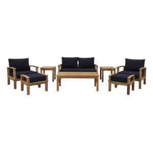 Modway Furniture Marina 8 Piece Outdoor Patio Teak Set - Timeless Elegance with Weather-Resistant Comfort & Style Natural Navy EEI-1471-NAT-NAV-SET