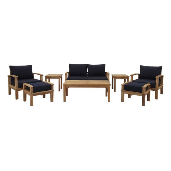 Modway Furniture Marina 8 Piece Outdoor Patio Teak Set - Timeless Elegance with Weather-Resistant Comfort & Style Natural Navy EEI-1471-NAT-NAV-SET