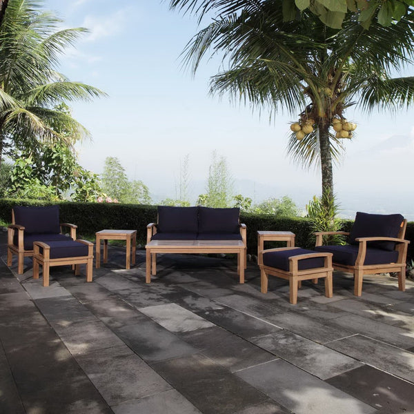 Modway Furniture Marina 8 Piece Outdoor Patio Teak Set - Timeless Elegance with Weather-Resistant Comfort & Style Natural Navy EEI-1471-NAT-NAV-SET