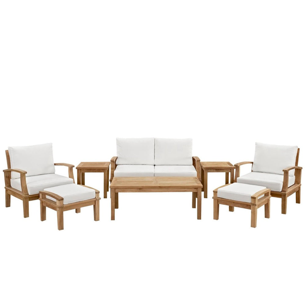 Modway Furniture Marina 8 Piece Outdoor Patio Teak Set - Timeless Elegance with Weather-Resistant Comfort & Style Natural White EEI-1471-NAT-WHI-SET