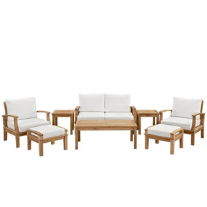 Modway Furniture Marina 8 Piece Outdoor Patio Teak Set - Timeless Elegance with Weather-Resistant Comfort & Style Natural White EEI-1471-NAT-WHI-SET