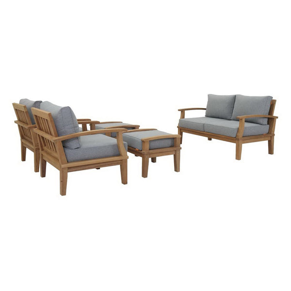 Modway Furniture Marina 5 Piece Outdoor Patio Teak Set - Modern Design, Durable Comfort for Relaxed Gatherings Natural Gray EEI-1472-NAT-GRY-SET