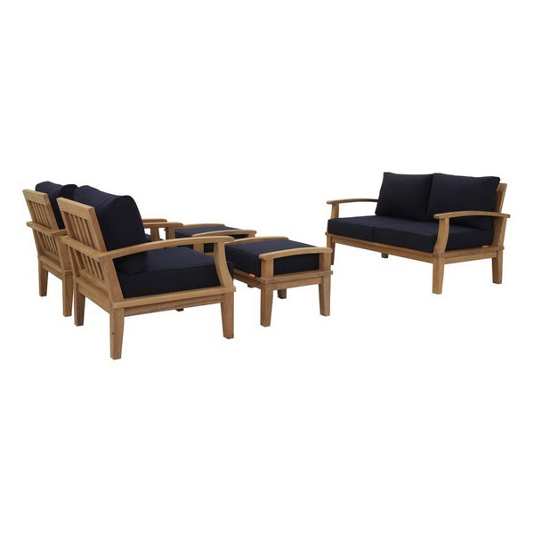 Modway Furniture Marina 5 Piece Outdoor Patio Teak Set - Modern Design, Durable Comfort for Relaxed Gatherings Natural Navy EEI-1472-NAT-NAV-SET