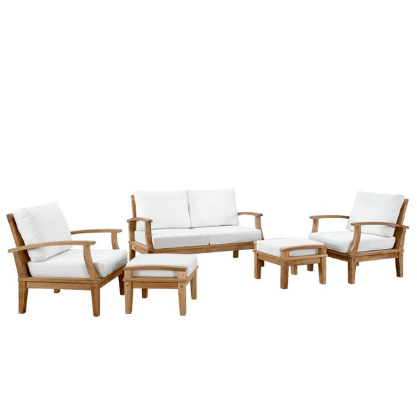 Modway Furniture Marina 5 Piece Outdoor Patio Teak Set - Modern Design, Durable Comfort for Relaxed Gatherings Natural White EEI-1472-NAT-WHI-SET