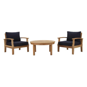 Modway Furniture Marina 3 Piece Outdoor Teak Patio Set by Modway - Stylish, Weather-Resistant Comfort for All Seasons Natural Navy EEI-1475-NAT-NAV-SET