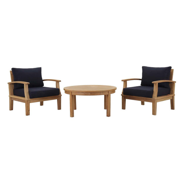 Modway Furniture Marina 3 Piece Outdoor Teak Patio Set by Modway - Stylish, Weather-Resistant Comfort for All Seasons Natural Navy EEI-1475-NAT-NAV-SET