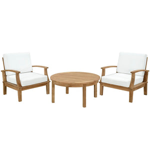 Modway Furniture Marina 3 Piece Outdoor Teak Patio Set by Modway - Stylish, Weather-Resistant Comfort for All Seasons Natural White EEI-1475-NAT-WHI-SET