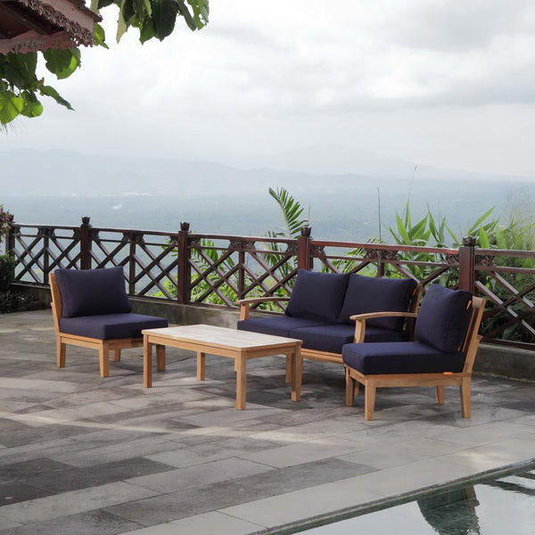 Modway Furniture Marina 5-Piece Outdoor Teak Patio Set for Coastal Elegance, Comfort, and Modern Gatherings Natural Navy EEI-1477-NAT-NAV-SET