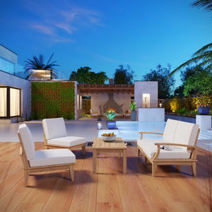 Modway Furniture Marina 5-Piece Outdoor Teak Patio Set for Coastal Elegance, Comfort, and Modern Gatherings Natural White EEI-1477-NAT-WHI-SET