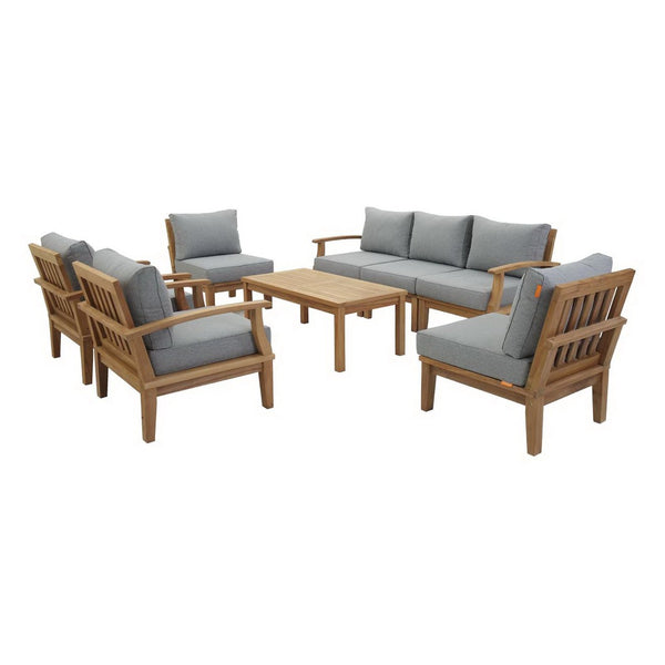 Modway Furniture Marina 8-Piece Outdoor Teak Patio Set - Elegant, Weather-Resistant Design with Plush Cushions Natural Gray EEI-1479-NAT-GRY-SET