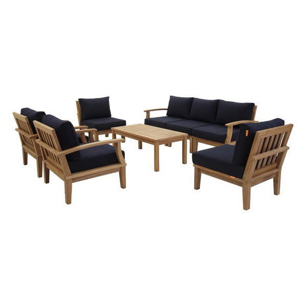 Modway Furniture Marina 8-Piece Outdoor Teak Patio Set - Elegant, Weather-Resistant Design with Plush Cushions Natural Navy EEI-1479-NAT-NAV-SET