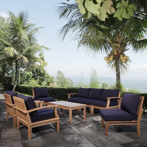 Modway Furniture Marina 8-Piece Outdoor Teak Patio Set - Elegant, Weather-Resistant Design with Plush Cushions Natural Navy EEI-1479-NAT-NAV-SET
