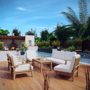 Modway Furniture Marina 8-Piece Outdoor Teak Patio Set - Elegant, Weather-Resistant Design with Plush Cushions Natural White EEI-1479-NAT-WHI-SET