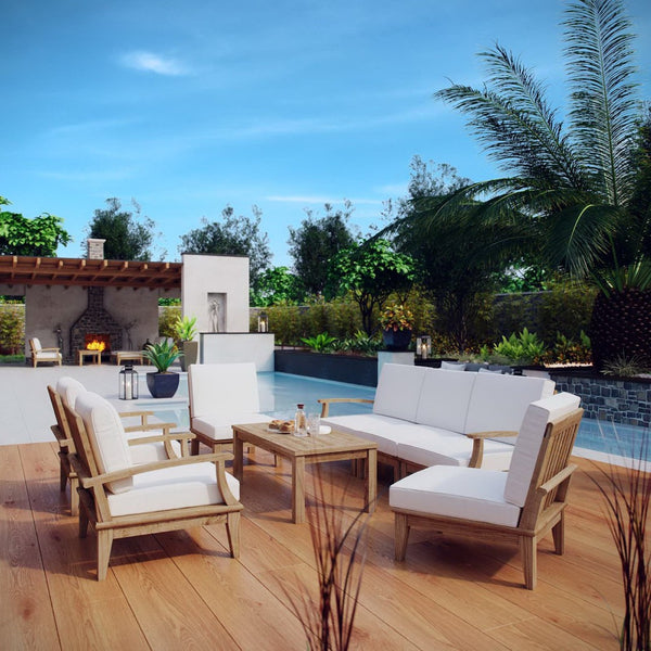 Modway Furniture Marina 8-Piece Outdoor Teak Patio Set - Elegant, Weather-Resistant Design with Plush Cushions Natural White EEI-1479-NAT-WHI-SET