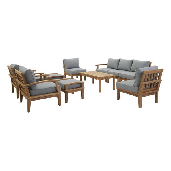 Modway Furniture Marina 10-Piece Solid Teak Outdoor Patio Set - Stylish, Comfortable, Weather-Resistant Seating Solution Natural Gray EEI-1480-NAT-GRY-SET