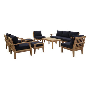 Modway Furniture Marina 10-Piece Solid Teak Outdoor Patio Set - Stylish, Comfortable, Weather-Resistant Seating Solution Natural Navy EEI-1480-NAT-NAV-SET