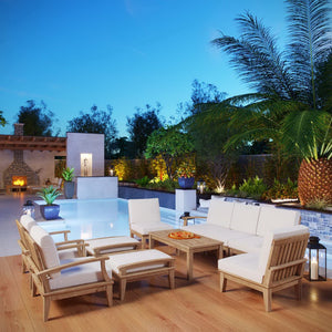 Modway Furniture Marina 10-Piece Solid Teak Outdoor Patio Set - Stylish, Comfortable, Weather-Resistant Seating Solution Natural White EEI-1480-NAT-WHI-SET