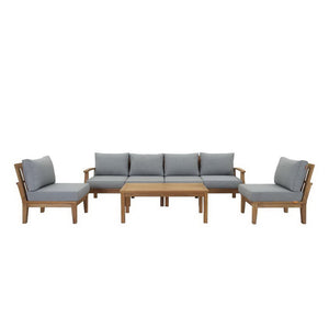 Modway Furniture Marina 7 Piece Outdoor Patio Teak Set - Modern Sectional Sofa with Weather-Resistant Cushions Natural Gray EEI-1481-NAT-GRY-SET