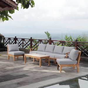 Modway Furniture Marina 7 Piece Outdoor Patio Teak Set - Modern Sectional Sofa with Weather-Resistant Cushions Natural Gray EEI-1481-NAT-GRY-SET