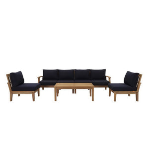 Modway Furniture Marina 7 Piece Outdoor Patio Teak Set - Modern Sectional Sofa with Weather-Resistant Cushions Natural Navy EEI-1481-NAT-NAV-SET