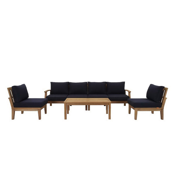 Modway Furniture Marina 7 Piece Outdoor Patio Teak Set - Modern Sectional Sofa with Weather-Resistant Cushions Natural Navy EEI-1481-NAT-NAV-SET